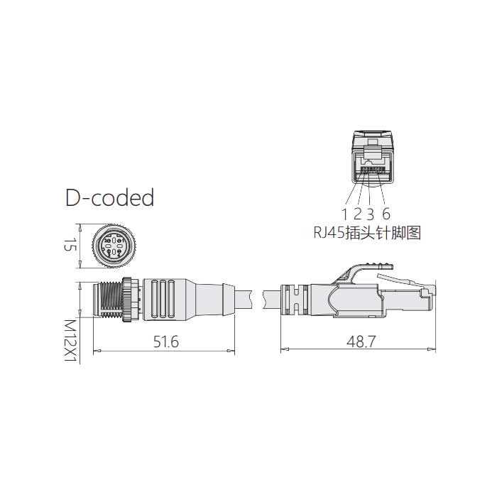 M12 4Pin D-coded、公頭直型轉(zhuǎn)RJ45公頭直型、雙端預(yù)鑄PUR柔性電纜、帶屏蔽、黃色護套、0C4142-XXX