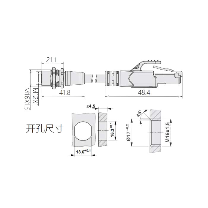 M12 4Pin D-coded、板面法蘭母頭轉RJ45公頭直型、雙端預鑄PVC非柔性電纜、帶屏蔽、黃色護套、0C4228-XXX